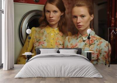 Two Female Models in Floral Print Shirts Standing in Front of Laundry Appliance Wall mural