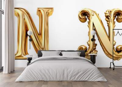 Golden alphabet, logotype, letter N isolated on a transparent background Wall mural