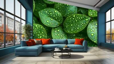 green leaves with water droplets background, top view Wall mural