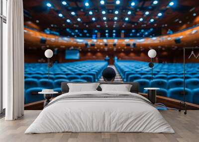 Microphone in conference hall or meeting room with blue seats and blurred background Wall mural