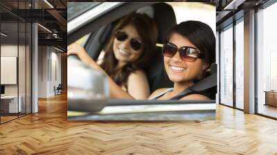 Young woman taking a road trip. Friends driving.  Wall mural