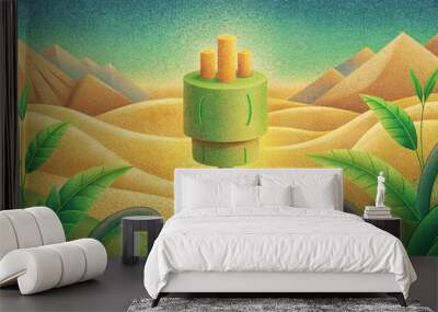 A biodegradable phone charger made from bamboo and cornstarch providing an ecofriendly power source for electronic devices. Wall mural