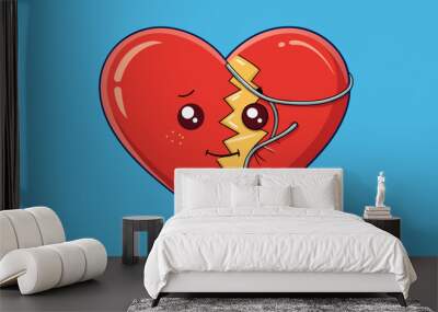 A broken heart mended together with golden thread symbolizing the healing power of hope in repairing even the most shattered parts of ourselves.. Cartoon Vector. Wall mural