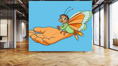 A butterfly delicately resting on a childs palm its colorful wings fluttering gently in the warm breeze. The butterflys antennae are long and thin and. Cartoon Vector. Wall mural