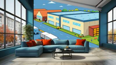 A massive warehouse with a corrugated metal exterior and several loading docks surrounded by a large parking lot filled with delivery trucks.. Cartoon Vector. Wall mural