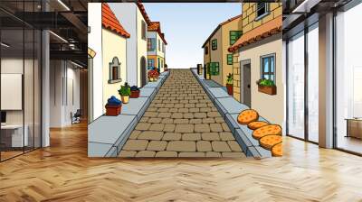 A narrow cobblestone street winding through a charming European village. The uneven stones are worn and weathered and colorful flowers spill out of. Cartoon Vector Wall mural