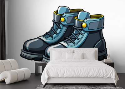 A pair of shiny black boots with sy soles and steel toe caps. The boots have reflective stripes and a loop at the back for easy putting on and taking. Cartoon Vector. Wall mural