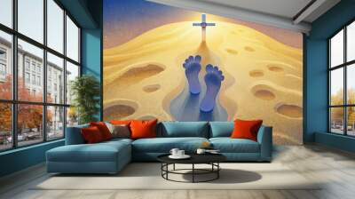 A set of footprints in the sand with a cross in the center symbolizing the path of servitude that Jesus walked and asking us to follow in His Wall mural