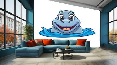 A smiling sociable animal with sleek rubbery skin and blowhole on top of its head peeking out of the water to breathe.  on white background . Cartoon Vector. Wall mural