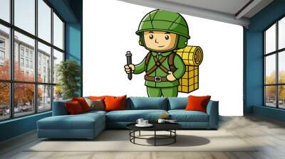 A soldier in a standardissue green uniform carrying a large backpack and a canteen hanging from their belt. Their helmet has a net cover and they have. Cartoon Vector. Wall mural