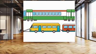 A transportation system Includes buses trains and subway cars. The buses have four wheels doors for passengers to enter and exit and large windows for. Cartoon Vector. Wall mural