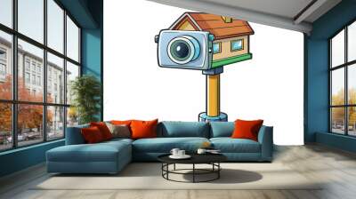 A weatherproof camera p in front of a residential house its slender body sitting atop a tall pole. It has a powerful zoom lens and is encased in a sy. Cartoon Vector. Wall mural