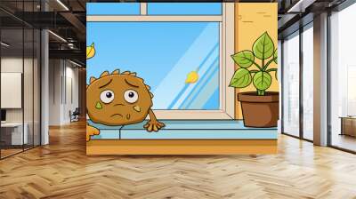 A wilting brown plant with drooping leaves and parched soil struggling to survive on a sunny windowsill.. Cartoon Vector. Wall mural