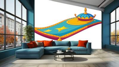 Genie is a majestic flying carpet with vibrant colors and tassels able to carry a person on magical adventures.  on white background . Cartoon Vector. Wall mural