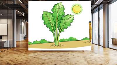 Growing in a backyard garden a tall stalk of kale stands proud its broad sy leaves reaching towards the sun. The deep green color of the leaves. Cartoon Vector. Wall mural