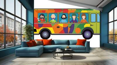 The bands tour bus is adorned with a vibrant mural depicting their album covers and silhouettes of the band members showcasing their artistic. Cartoon Vector Wall mural