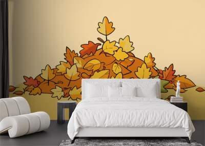 The final illustration shows a pile of autumn leaves tered on the ground with some leaves still attached to their branches. The leaves are various. Cartoon Vector. Wall mural