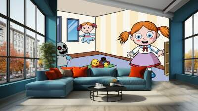 The little girl sat in her room playing with her dolls. Suddenly one of the dolls flew across the room followed by a faint giggle. The girl looked up. Cartoon Vector. Wall mural