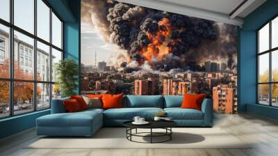 missiles rocket shot on residential areas smoke raised in air Wall mural