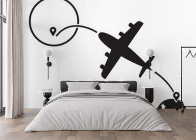 Black airplane travel and globe around the world with line, circle plane with black globe Wall mural