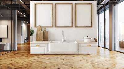 3D  Mockup Minimalist Scandinavian kitchen Room Wooden Frames Wall mural