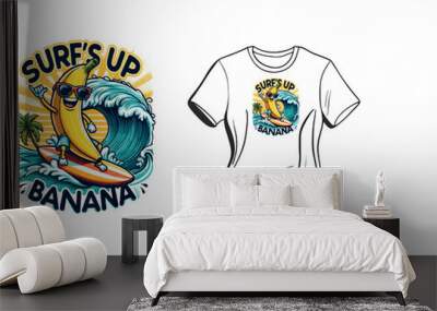 vector t-shirt design of A banana with sunglasses riding a wave on a surfboard  Wall mural