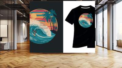 Vintage t-shirt design  a man riding on top of asurfboard under a huge swirling and foaming wave Wall mural