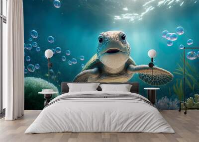 cute turtle smiling under the sea. Wall mural