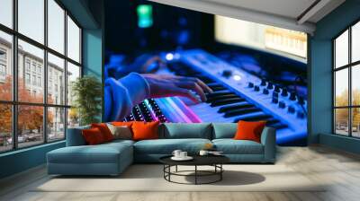 Producer, audio engineer uses a control panel and screen to record a track of a new album in a recording studio. Image producer, designer in working process Wall mural