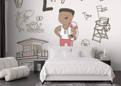 Cute vector alphabet Profession. Letter L - Lifeguard Wall mural