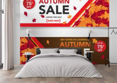 Autumn sale banner template with leaves, fall leaves for shopping sale. banner design. Poster, card, label, web banner. Vector illustration Wall mural