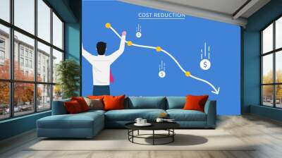 Costs reduction, costs cut, costs optimization business concept. Businessman views graph with descending curve and coins falls symbol. Wall mural