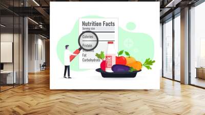 Nutrition choices for healthy diet, nutritionist to systematically assess the overall nutritional status of patients, nutritionist checking nutrition facts label with magnifier Wall mural