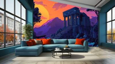 Ancient Ruins at Sunset by a Serene River Wall mural