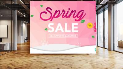 Spring sale banner template with beautiful colorful flower on pink background, for shopping sale. banner design. Poster, card, web banner. Vector illustration Wall mural