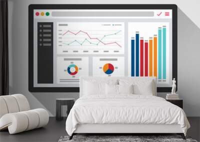 Web analytic information on Computer screen flat icon. trend graphs report concept. statistic charts for planning and accounting, analysis, audit, management, marketing, research vector illustration. Wall mural