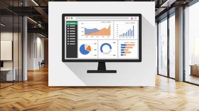 Web analytic information on Computer screen icon. trend graphs report concept. statistic charts for planning and accounting, analysis, audit, management, marketing, research vector illustration. Wall mural