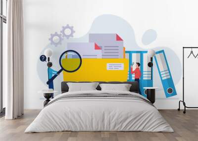 Workers searching file. employee uses magnifying glass. File binders, yellow folder with documents. File manager, data storage and indexing. Files search. Wall mural