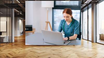 Close-up side view of focused female physician giving distant online consultation to patient via laptop computer sitting at desk near window in modern office of medic clinic. Wall mural