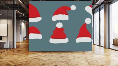 Set hand drawn Santa Hats isolated on transparent background. Vector santa claus hat colllection, holiday cap to xmas illustration Wall mural