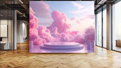 Background podium pink 3d product sky platform display cloud pastel scene render stand. Pink podium stage minimal abstract background beauty dreamy space studio pedestal smoke showcase  Wall mural