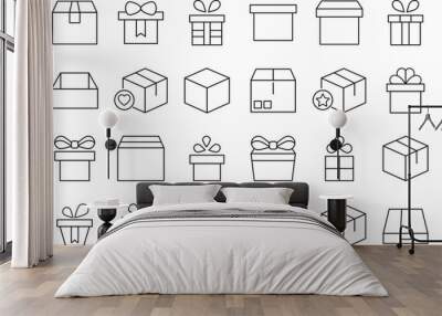 Collection of Icons of boxes and giftboxes as holiday and delivery symbols. Suitable for books, stores, shops. Editable stroke in minimalistic outline style. Symbol for design Wall mural