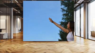 Gorgeous woman pointing hand at blue sky Wall mural