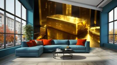 A gold bar gleaming under a spotlight, representing wealth and financial security - AI Wall mural