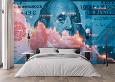 benjamin franklin face on usd dollar banknote with red decreasing stock market graph chart for symbo Wall mural