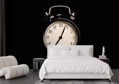 Black alarm clock with reflect on black background and copy space. Wall mural