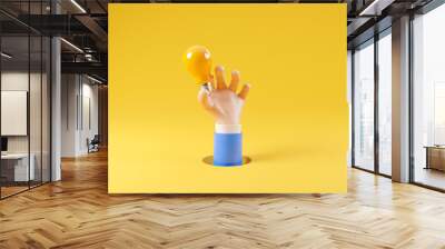 Businessman hand holding yellow lightbulb from hole for creative thinking idea and problem solving concept by 3d render. Wall mural