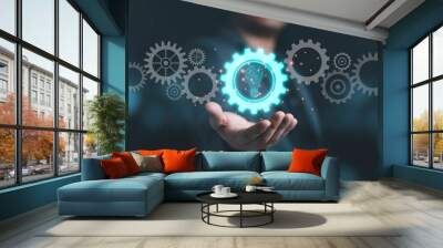 Businessman holding blue mechanical gear with virtual light bulb for creative thinking idea and innovation concept. Wall mural