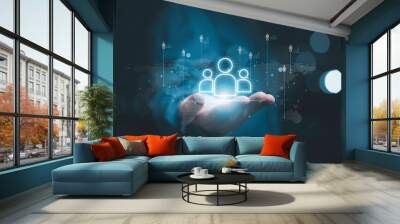 Businessman holding virtual human icon on world map for business CRM or Customer Relation Management and customer service concept by use social media technology. Wall mural