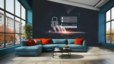 Businessman typing on keyboard laptop computer to input username and password for technology security system and protect hacker concept. Wall mural